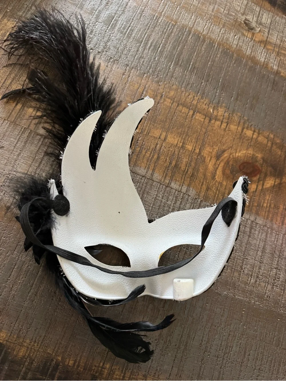 Masquerade Mask Half Mask Silver With Black Feathers and Flower with Glitter